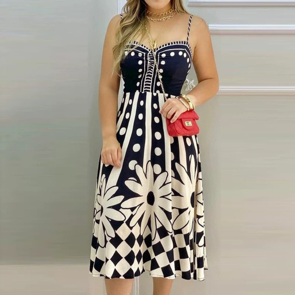 ZARA European Summer Printed Fitted Halter Vest High Waist Dress